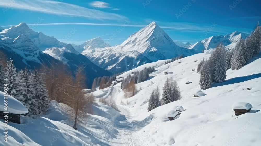 Beautiful snowy mountain in the alps with trees on a sunny day.