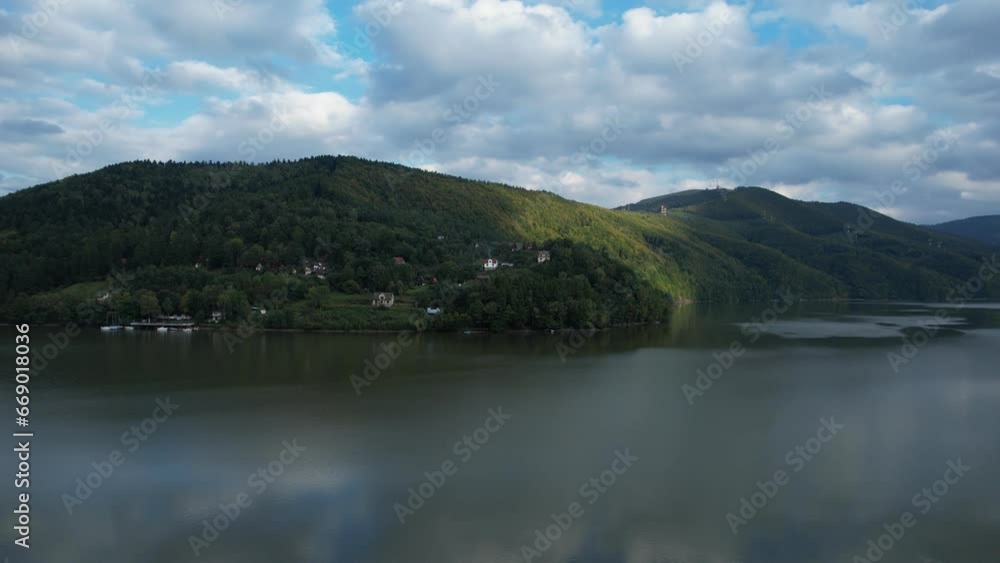 Drone view of the Miedzybrodzkie Lake in Beskidy Mountains and Gora Zar, Poland Drone view of the Miedzybrodzkie Lake in Beskidy Mountains and Gora Zar, Poland