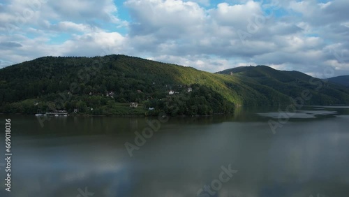 Drone view of the Miedzybrodzkie Lake in Beskidy Mountains and Gora Zar, Poland photo