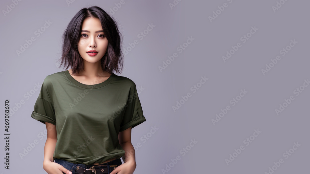 Asian woman wearing green t-shirt isolated on gray background Asian woman wearing green t-shirt isolated on gray background