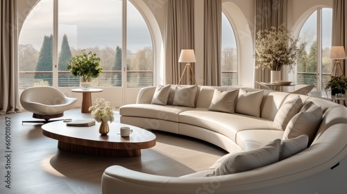 Elegant living room with curved sofa.