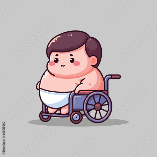 Fat and chubby overweight obese patient sitting in a wheelchair isolated vector illustration icon concept