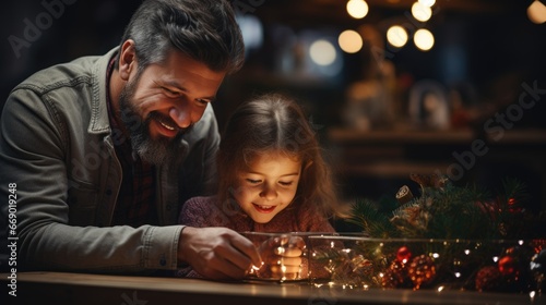 Merry Christmas and Happy Holidays A mother  father and their daughter prepare Xmas gifts. Baubles  presents  candy with christmas ornaments. Christmas family traditions.