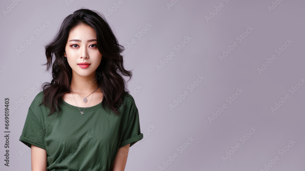 Asian woman wearing green t-shirt isolated on gray background Asian woman wearing green t-shirt isolated on gray background