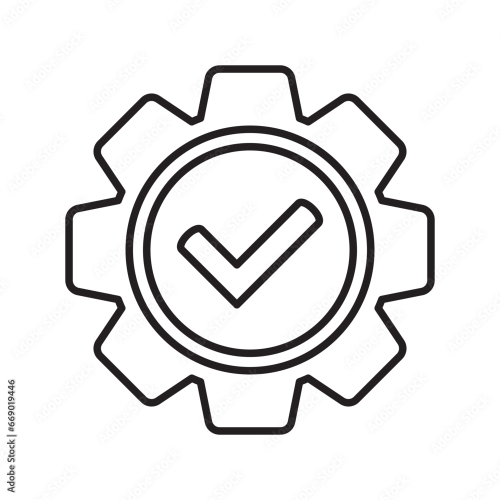 Check mark in gear icon, vector line icon. Check mark in gear icon, vector line icon.
