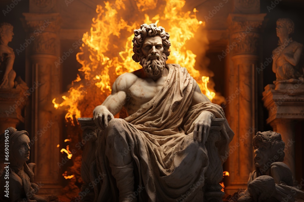 Sculpture stoïcienne représentant un personnage dans un environnement de feu. Grec ancien, romain. Stoïcisme. IA générative, IA
