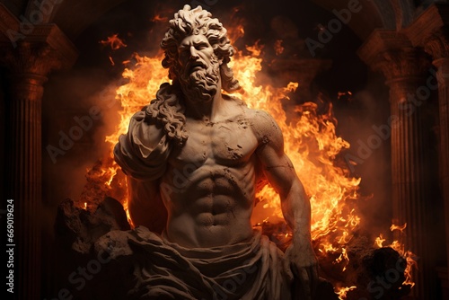 Sculpture sto  cienne repr  sentant un personnage dans un environnement de feu. Grec ancien  romain. Sto  cisme. IA g  n  rative  IA
