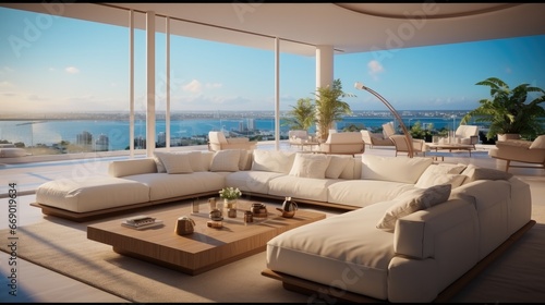 Living room in penthouse  Open living room concept  With modern comfortable furniture and ocean view.