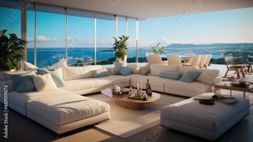 Living room in penthouse, Open living room concept, With modern comfortable furniture and ocean view. © visoot