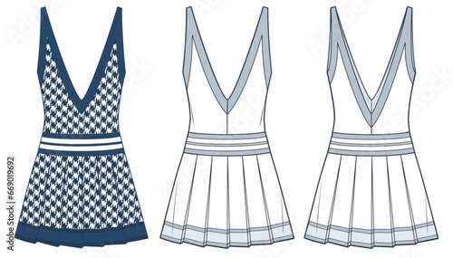 Women's V-Neck Dress technical fashion illustration, houndstooth pattern. Pleated Dress fashion flat technical drawing template, mini, sleeveless, front, back view, white, blue, women CAD mockup set.