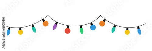 Christmas lights on a white background. Garlands with colored bulbs. Vector illustration. Happy New Year decoration