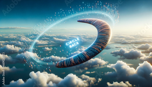 Soaring Boomerang: Circle Back Illuminated Amidst Digital Sky Symbols
