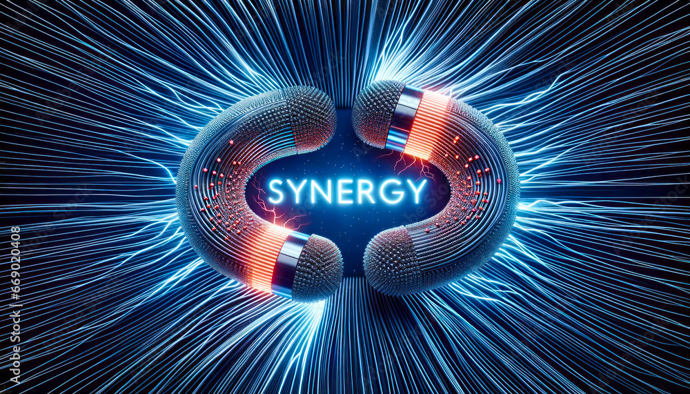 3D graphic of a magnetic field where positive and negative forces attract and repel, creating a mesmerizing pattern. Amidst this dynamic interplay, the word 'SYNERGY' pulsates with electric energy. - obrazy, fototapety, plakaty 
