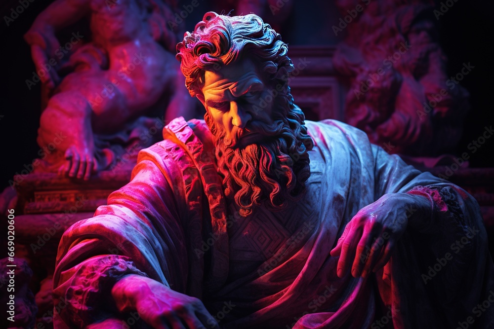 Obraz premium Sculpture stoïcienne façon personnage dans un environnement couleur néon. Du grec ancien, du romain et du cyberpunk. Stoïcisme. IA générative, IA