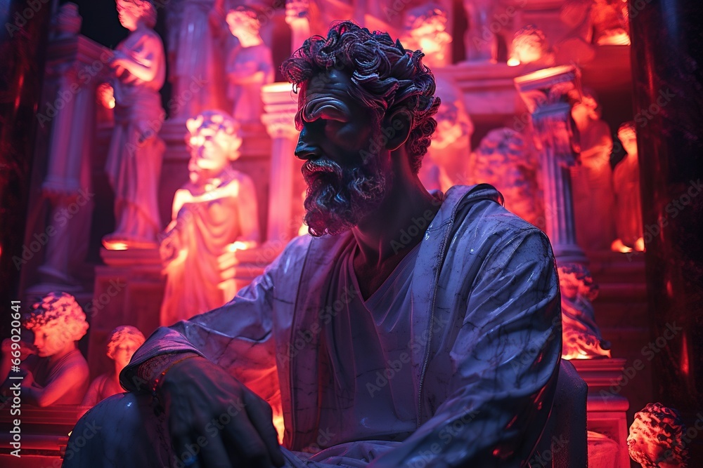 Sculpture stoïcienne façon personnage dans un environnement couleur néon. Du grec ancien, du romain et du cyberpunk. Stoïcisme. IA générative, IA