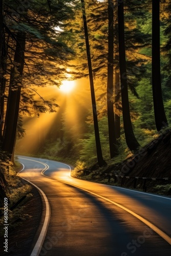 Road winding up through a hilly wooded forest with the sun radiating down on the road.