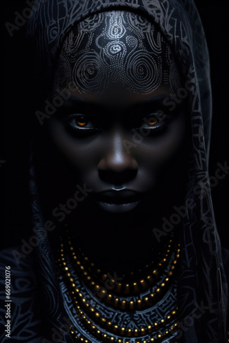 Fashion Portrait of Beautiful Black Woman on a Black Background