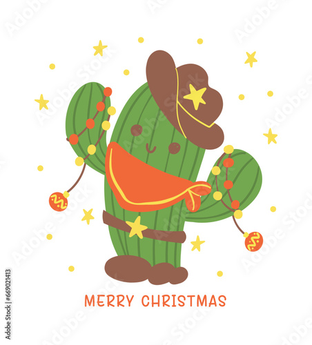 Cute Christmas Cactus Cartoon, Kawaii Retro Western Cowboy plant Hand Drawing and Festive Flat Design