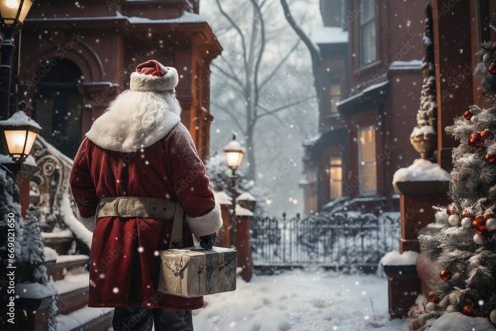 Santa is walking down a city street, winter, snow, holiday decorations