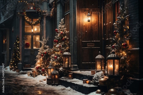 exteriors of the house are decorated for Christmas or New Year s holiday  city street in winter  snow  gifts on the porch  and street lights  a fairy-tale environment