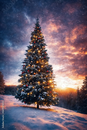 Christmas tree in a winter forest, decorated with garlands and lights, snow covered mountains, beautiful nature at sunset © soleg