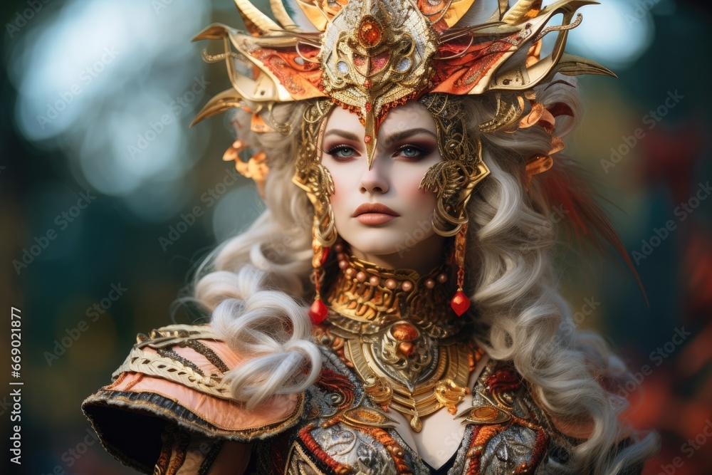 Portrait of a cosplayer in elaborate fantasy attire.
