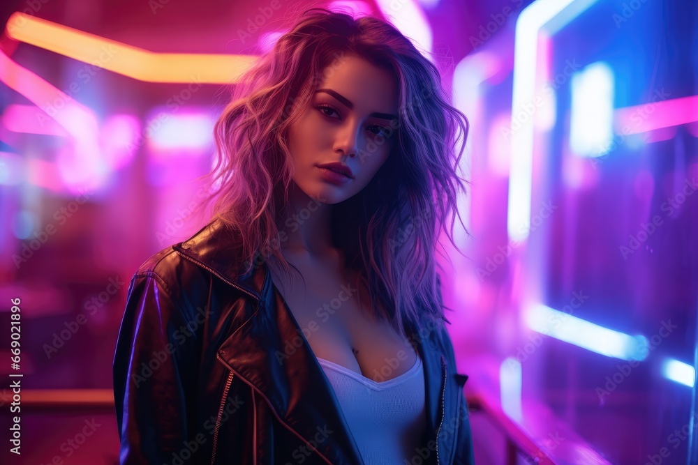 Portrait of a woman in cyberpunk fashion with neon lights.