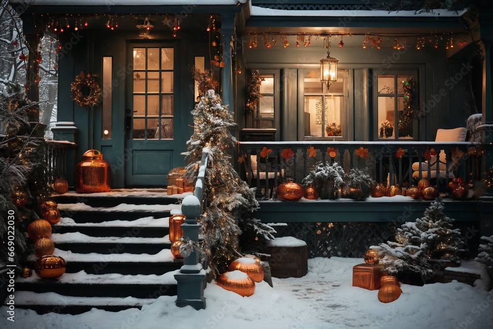 exteriors of the house are decorated for Christmas or New Year's holiday, city street in winter, snow, gifts on the porch, and street lights, a fairy-tale environment - obrazy, fototapety, plakaty 