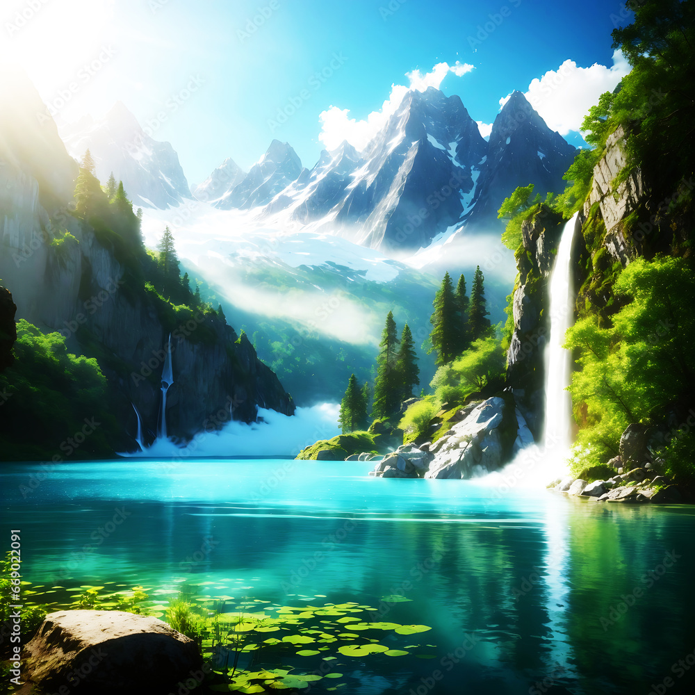 Beautiful natural scenery mountain lake and island and forest backgrounds ai generated