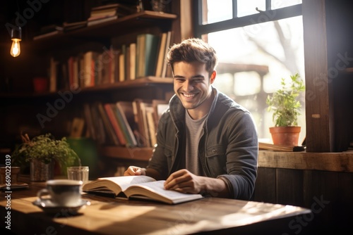 Smiling young man engrossed in a captivating book at a cozy cafe.