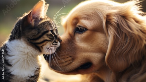 Close-up of a cat and dog's noses touching gently, signifying an unexpected bond.