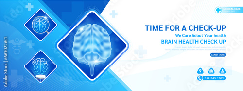 Medical banner social media health care template design for check up. Brain in square frame magnifying glass and stethoscope examining organ. Poster or background for medical ads website. Vector.
