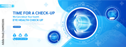 Medical banner website health care template social media design for check up. Eyeball in circle frame stethoscope and magnifying glass examining organ. Background or poster for medical ads. Vector. photo