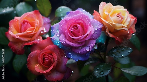 Close-up of dew-kissed roses in a garden  their colors vivid and petals glistening.