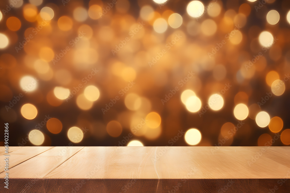 Abstract background with empty wooden floor and golden bokeh lights Abstract background with empty wooden floor and golden bokeh lights