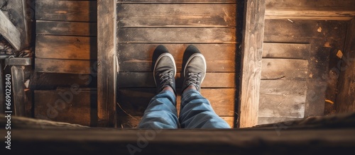 Man standing on old wooden staircase with wooden balusters viewed from above photo