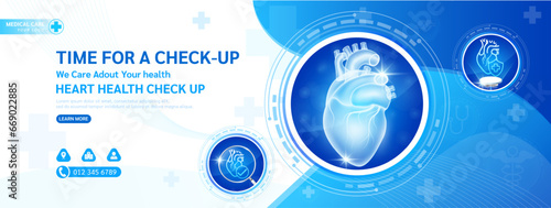 Medical banner website health care template social media design for check up. Heart in circle frame stethoscope and magnifying glass examining organ. Background or poster for medical ads. Vector.