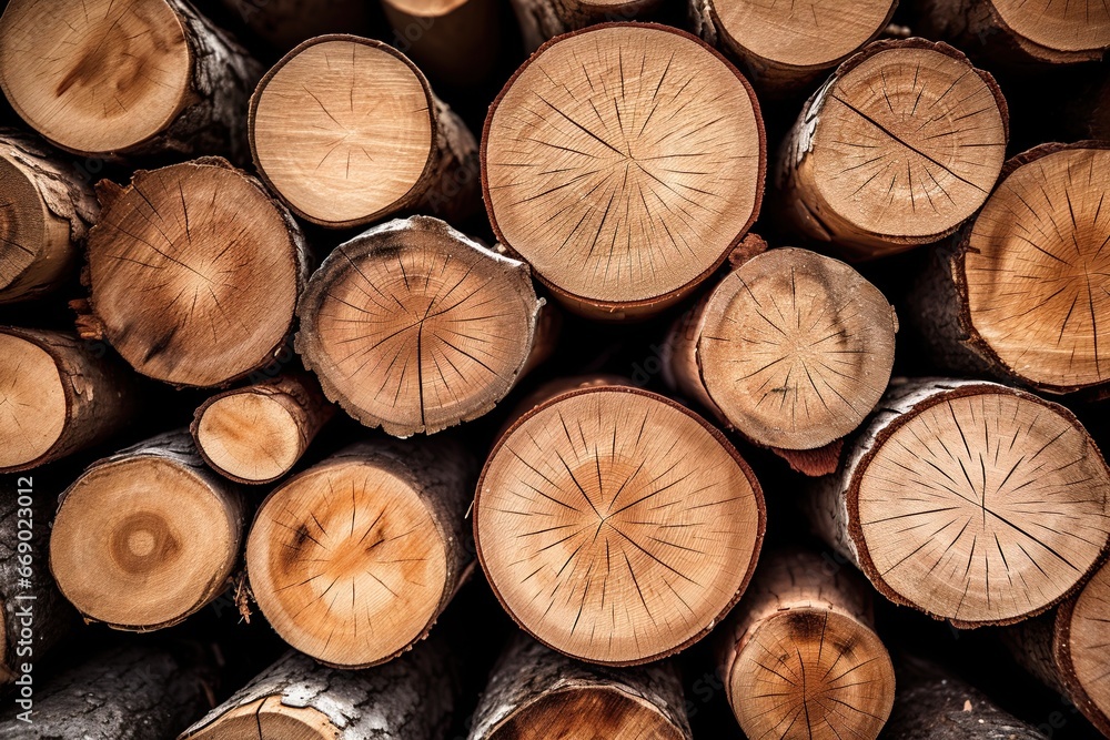 Wood logs .Log trunks pile, the logging timber wood industry. Wooden trunks. Ai generative