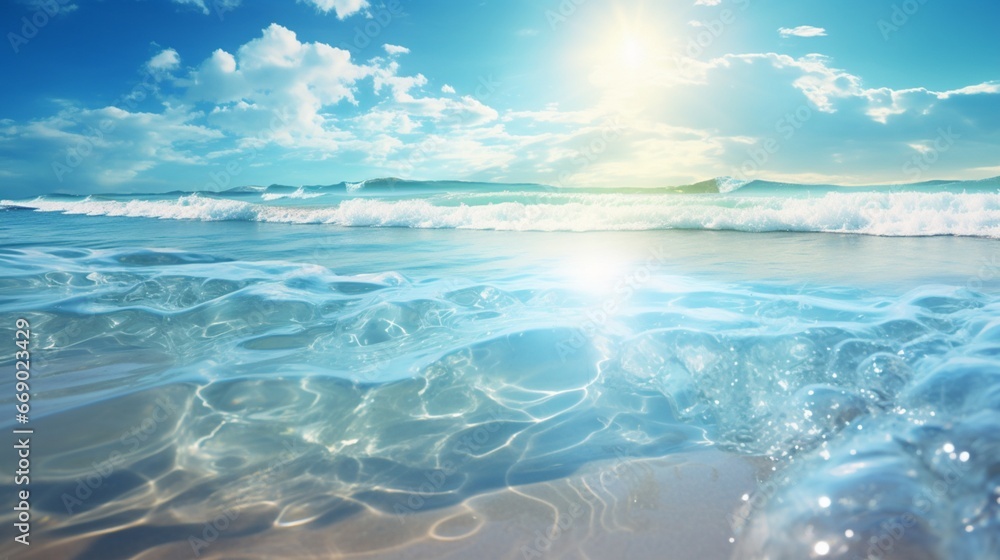 Crystal-clear waves crashing onto a pristine sandy shore, the sun's rays refracting through the spray.