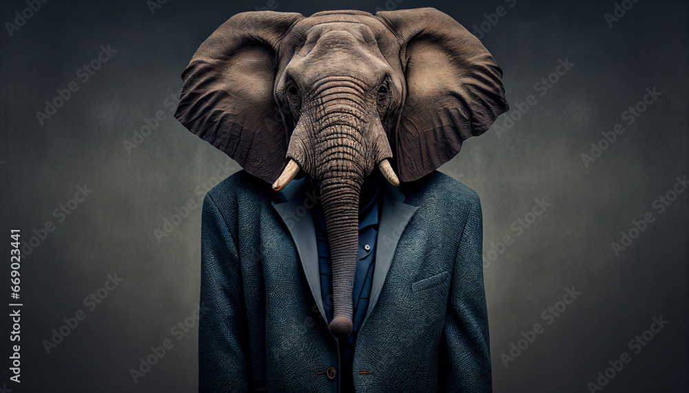 Elefant Portrait Chefsache skurril lustige Tiere in Chefposition mit Anzug Charakter Kartenmotiv Vorlage Motiv Idee Generative AI 