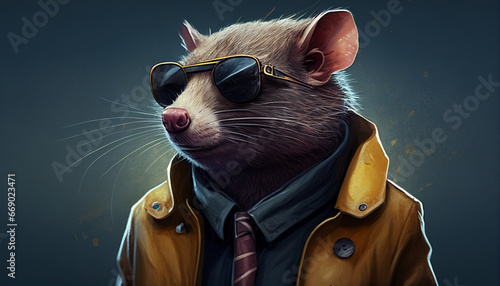 Chefposition mit Charakter Vorstellungsgespräch Bewerbung Ratte Eigenschaften eines Chefs Portrait lustige Tiere mit Sonnenbrille Brillenmode Generative AI 