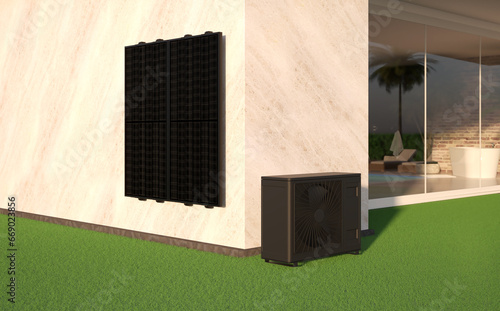 heat pump energy with solar panel as a heater and alternative green energy - 3D Illustration © pixelkorn