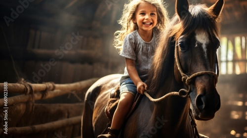 Small child in vintage jockey outfit is riding horse field background. School of riding and equestrian sports. © Nataliya