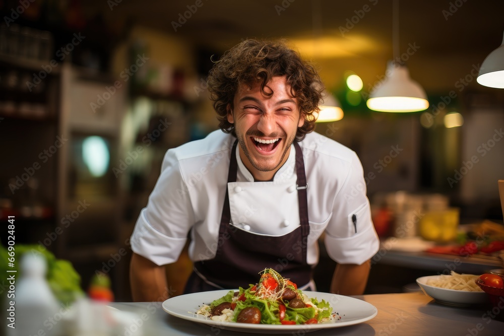 Young chef laughing, presenting a freshly cooked gourmet dish.