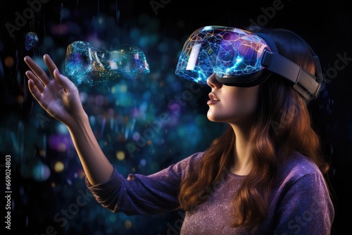 Woman wearing VR glasses interacting with a cloud data hologram.