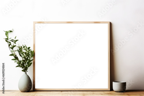 Transparent Blank Canvas with Wood Frame on Wall - Naturalistic Light, Nature-Inspired Imagery, and Minimalist Design for Poster Mockup, Realistic Wood Texture and Elegant Interior Presentation