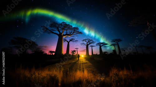 Baoba tree, Madagascar night with aurora, Generative Ai	 photo