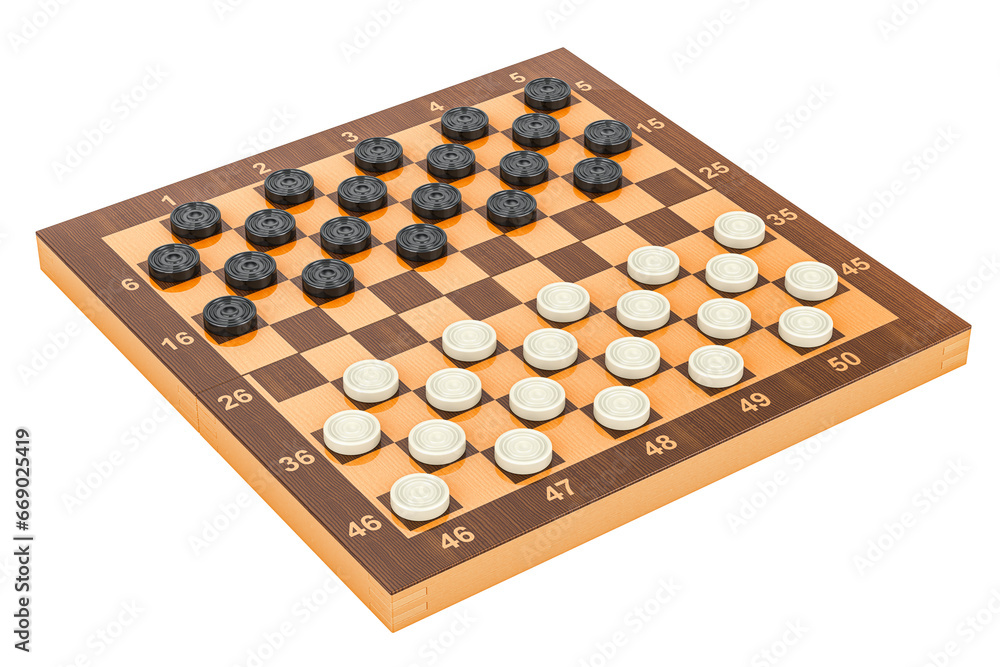 International checkers game board and pieces. 3D rendering isolated on transparent background International checkers game board and pieces. 3D rendering isolated on transparent background