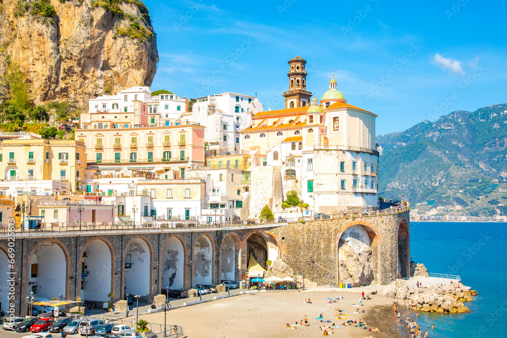 Scenic skyline of Atrani town on the Amalfi Coast, Italy