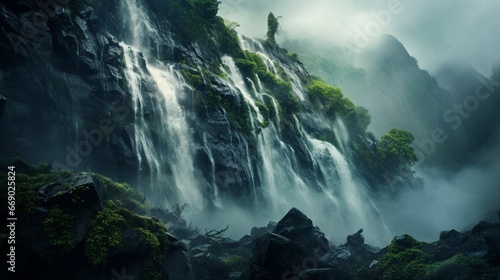 The cascade of a majestic waterfall, droplets turning into mist as they plummet to depths below.